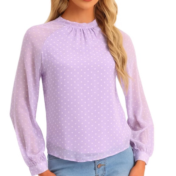 Allegra K Women Chiffon Work Formal Casual Tie Back Long Sleeve Polka Dot Blouse - Picture 2 of 13